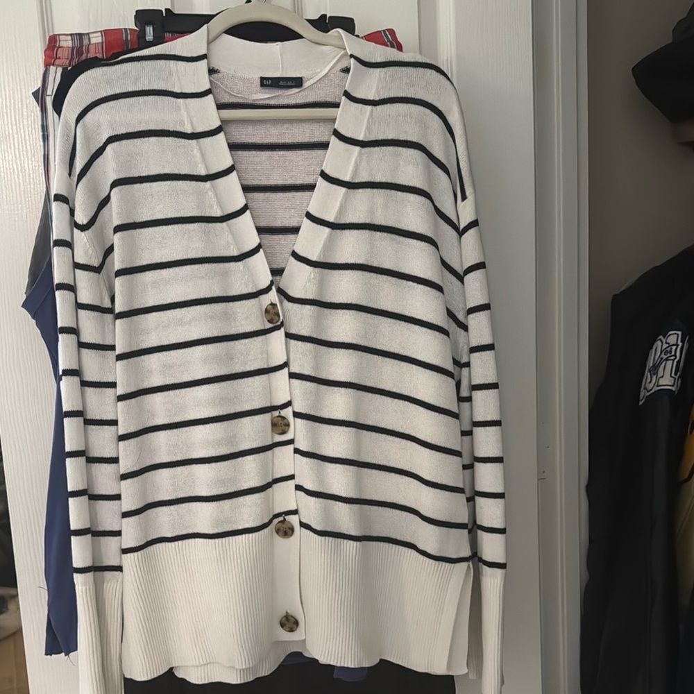 GAP Black and White Striped Cardigan Sweater